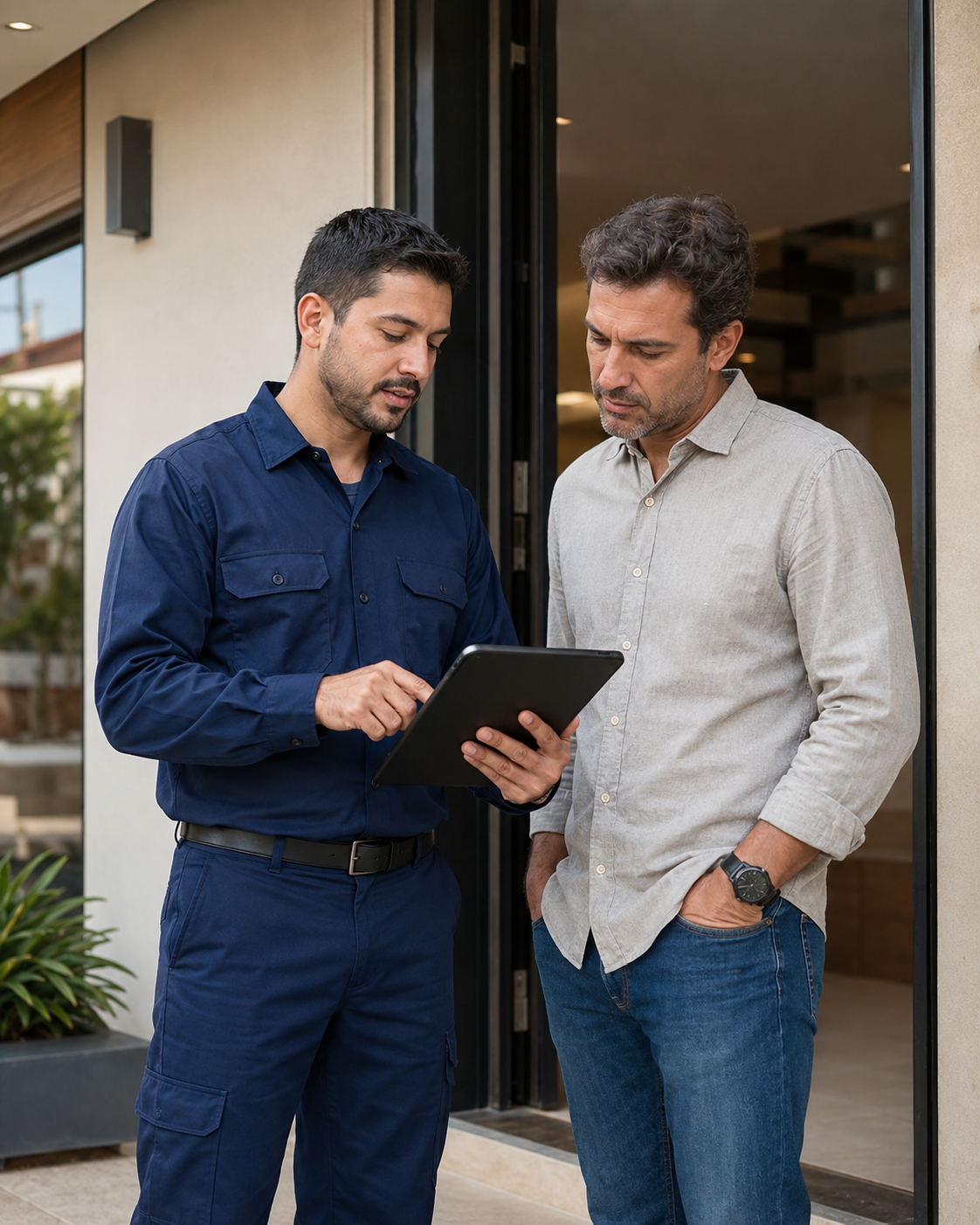 Profissional orientando um cliente antes do atendimento