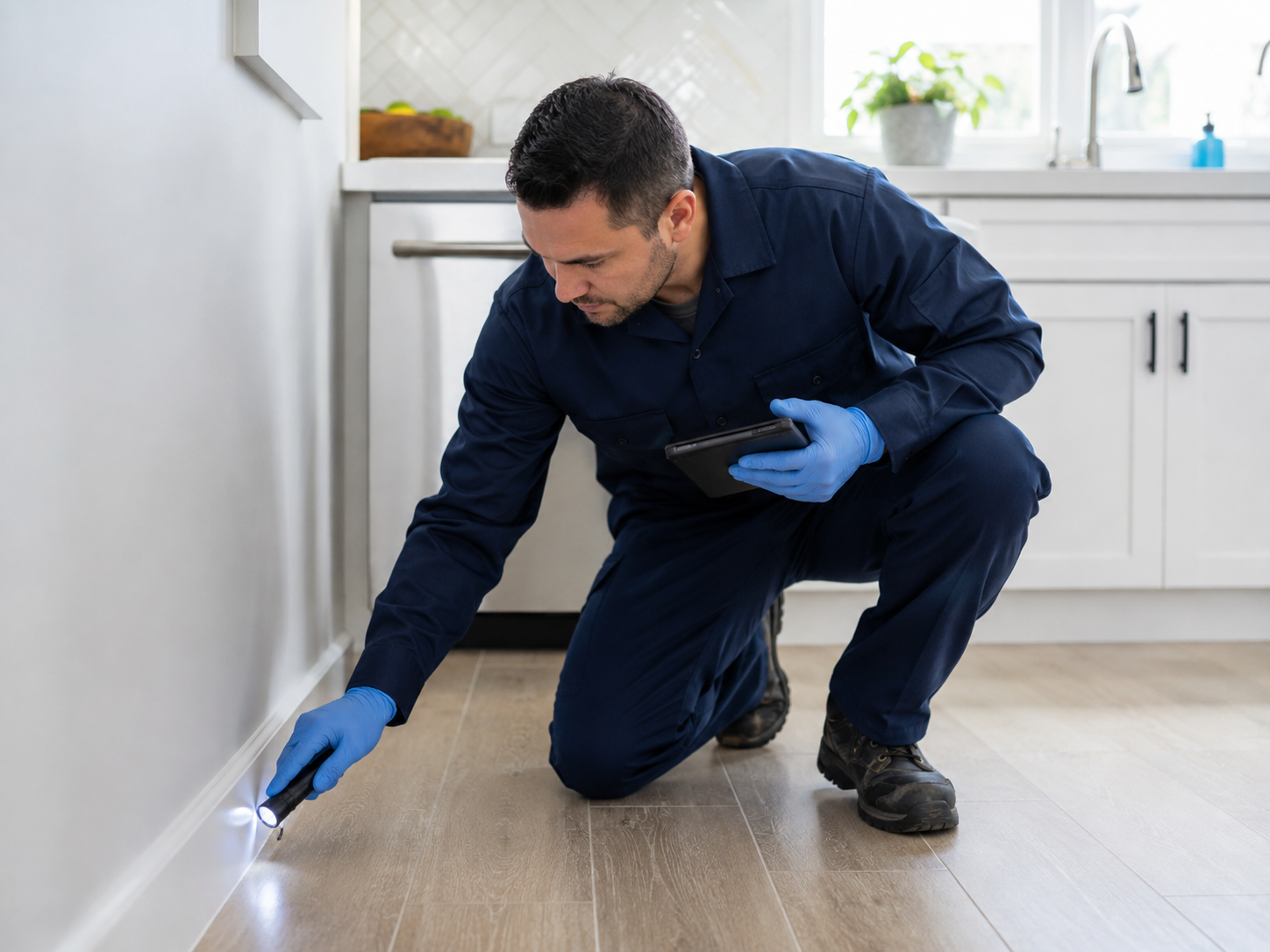 Profissional inspecionando ambiente para controle de pragas